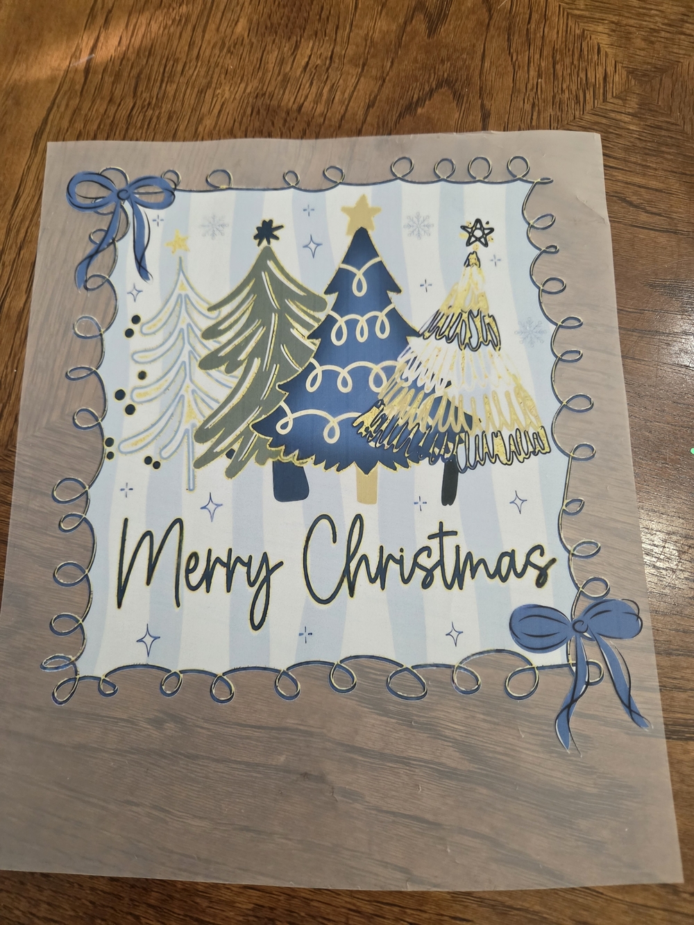 Merry Christmas Holiday Iron- on Decorative Panel with Blue & Gold Trees